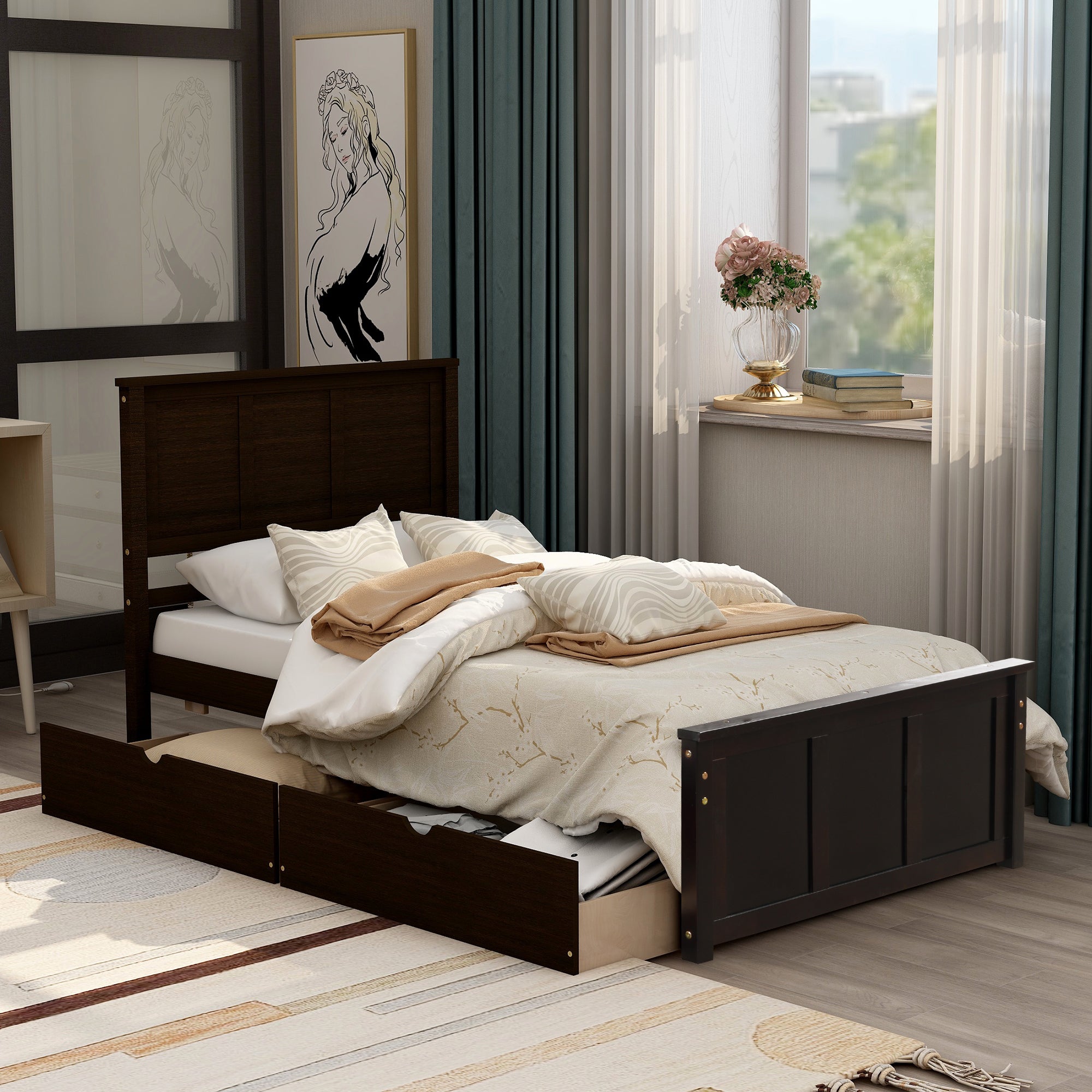 Twin platform bed with under-bed storage drawers extended