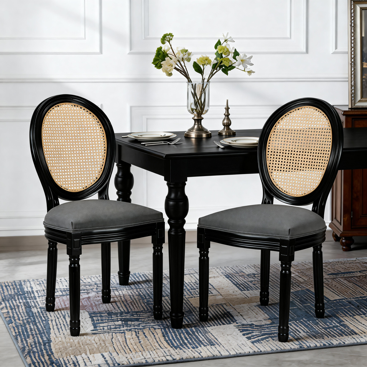 French Country Dining Chairs Set of 2, Upholstered Chairs with Rattan Round Back, for Living Room, Kitchen , Restaurant Use, Black Solid Wood  Frame, Dark Grey Fabric