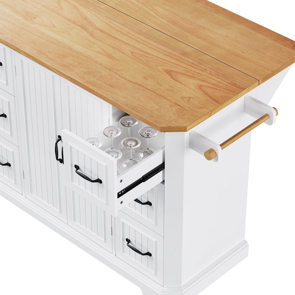 K&K 56 inch Kitchen Island with Rubber Wood Veneer Drop Leaf, Power Outlet, 4 Door Shelves, Embossed Vertical Stripe Rolling Kitchen Cart on 4 Wheels with 6 Deep Drawers for Kitchen, Dining Room,Black