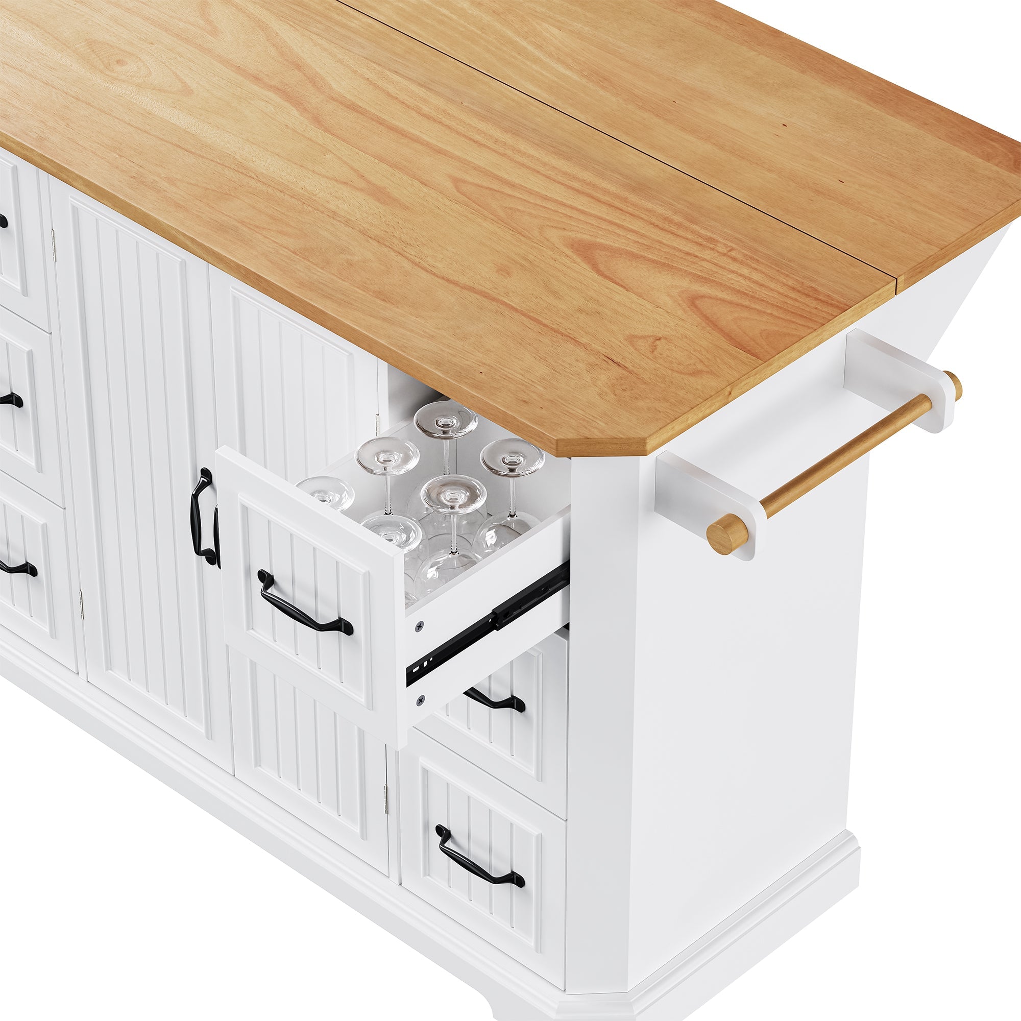 K&K 56 inch Kitchen Island with Rubber Wood Veneer Drop Leaf, Power Outlet, 4 Door Shelves, Embossed Vertical Stripe Rolling Kitchen Cart on 4 Wheels with 6 Deep Drawers for Kitchen, Dining Room,Black