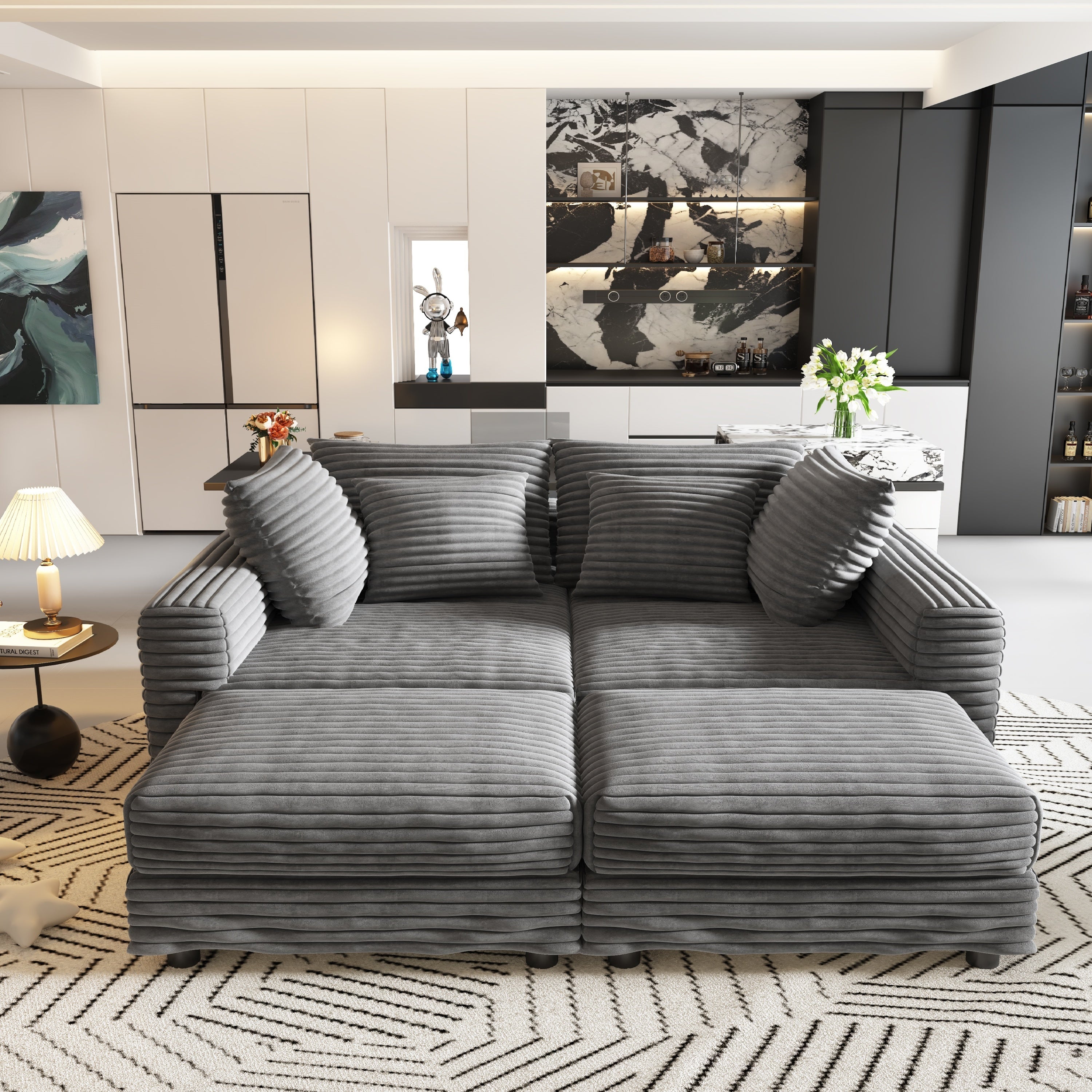 102.4 'Plush Corduroy 4-Seat Sofa,Modern Comfy Upholstered Sofa Cloud Couch,Deep Seat Couches with Soft Pillows and 3 Ottomans,Convertible Sofa Lounge Chair,Black(Old SKU:W1885S00287)