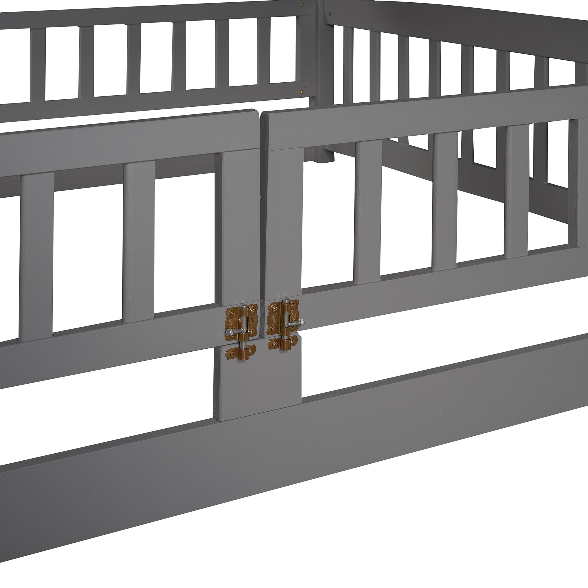 Gray bunk bed with slide fence and ladder — side profile