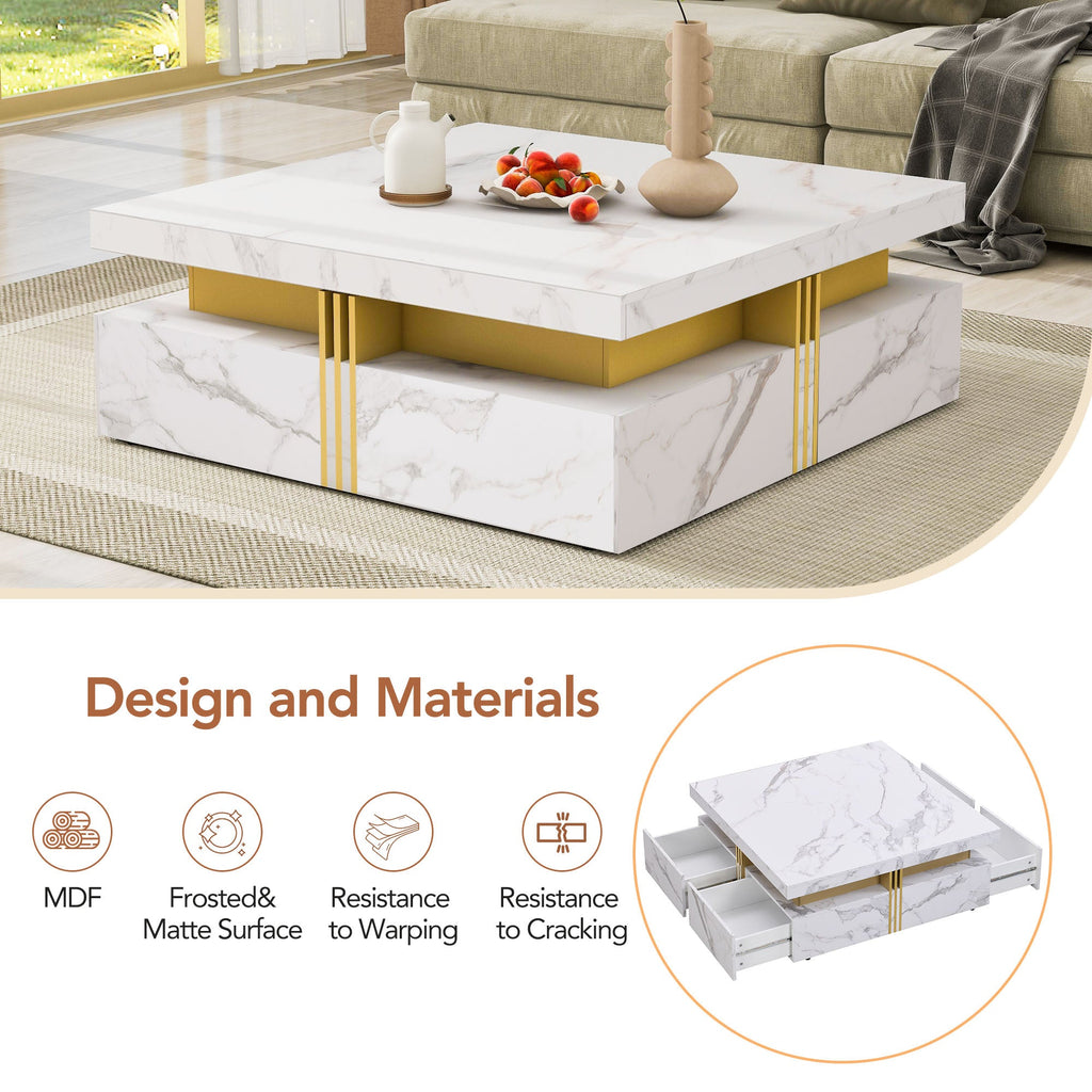 Square Storage Coffee Table — 4 Drawers & Gold Accents