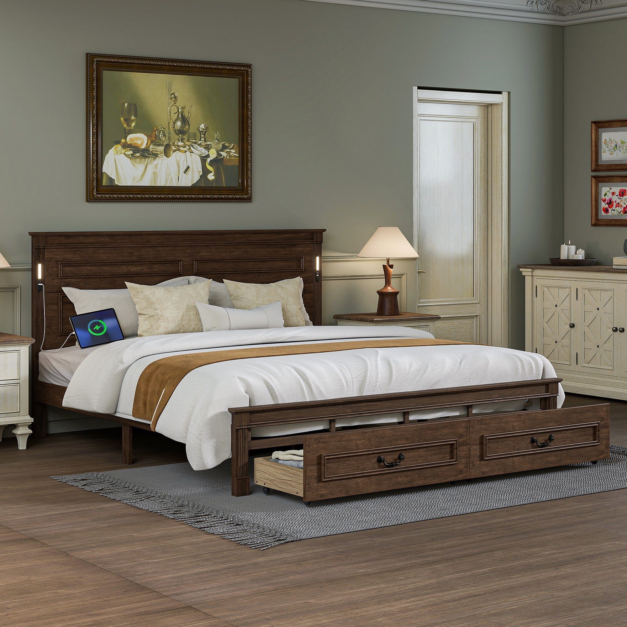King Size Bed with Tall-Panel Headboard & Footboard, 2 Storage Drawers, Built-in LED Lights, USB Charging Station, Pinewood Bed with Strengthened Bed Frame ,White