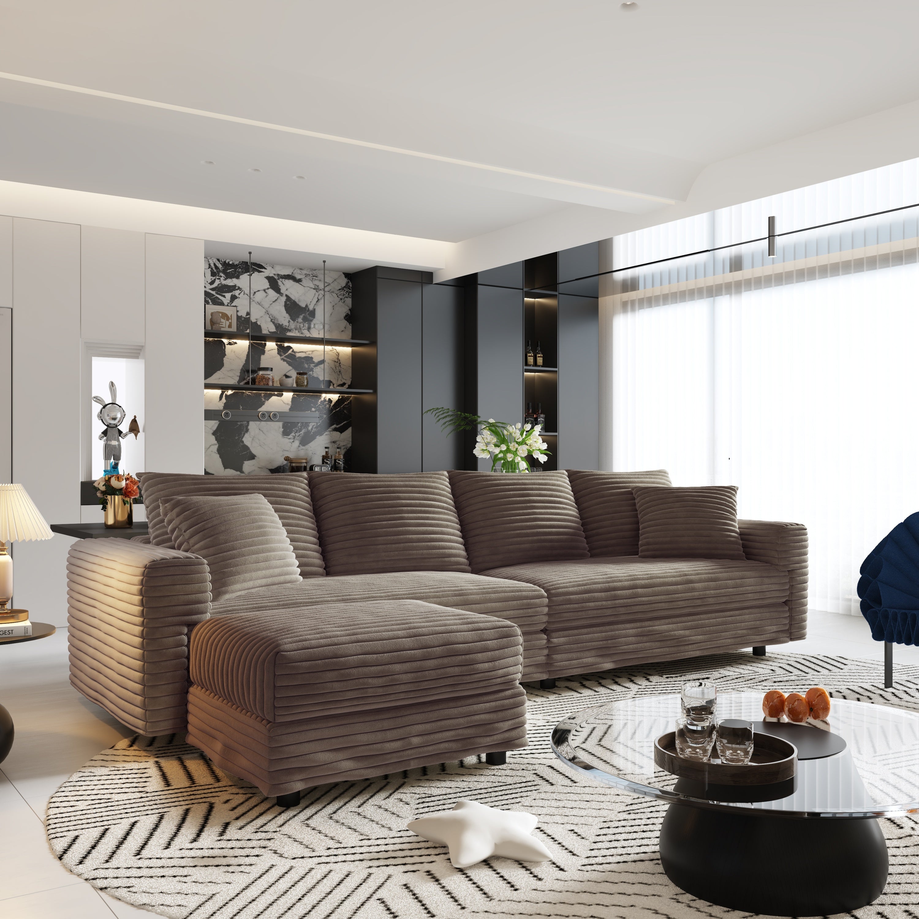 102.4 'Plush Corduroy 4-Seat Sofa,Modern Comfy Upholstered Sofa Cloud Couch,Deep Seat Couches with Soft Pillows and 3 Ottomans,Convertible Sofa Lounge Chair,Black(Old SKU:W1885S00287)