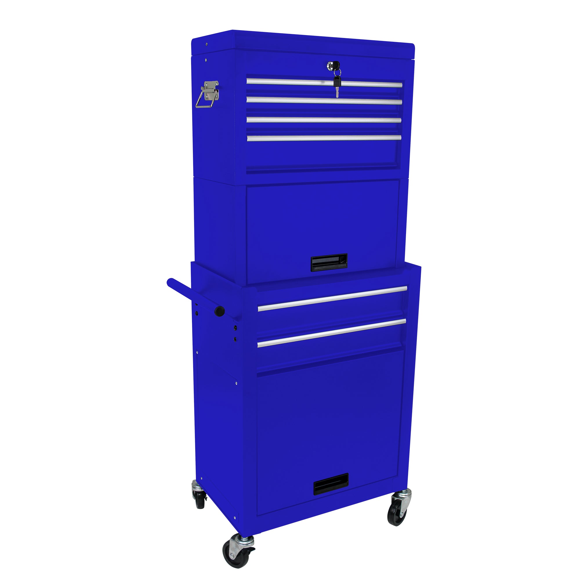 Blue metal garage tool storage on wheels