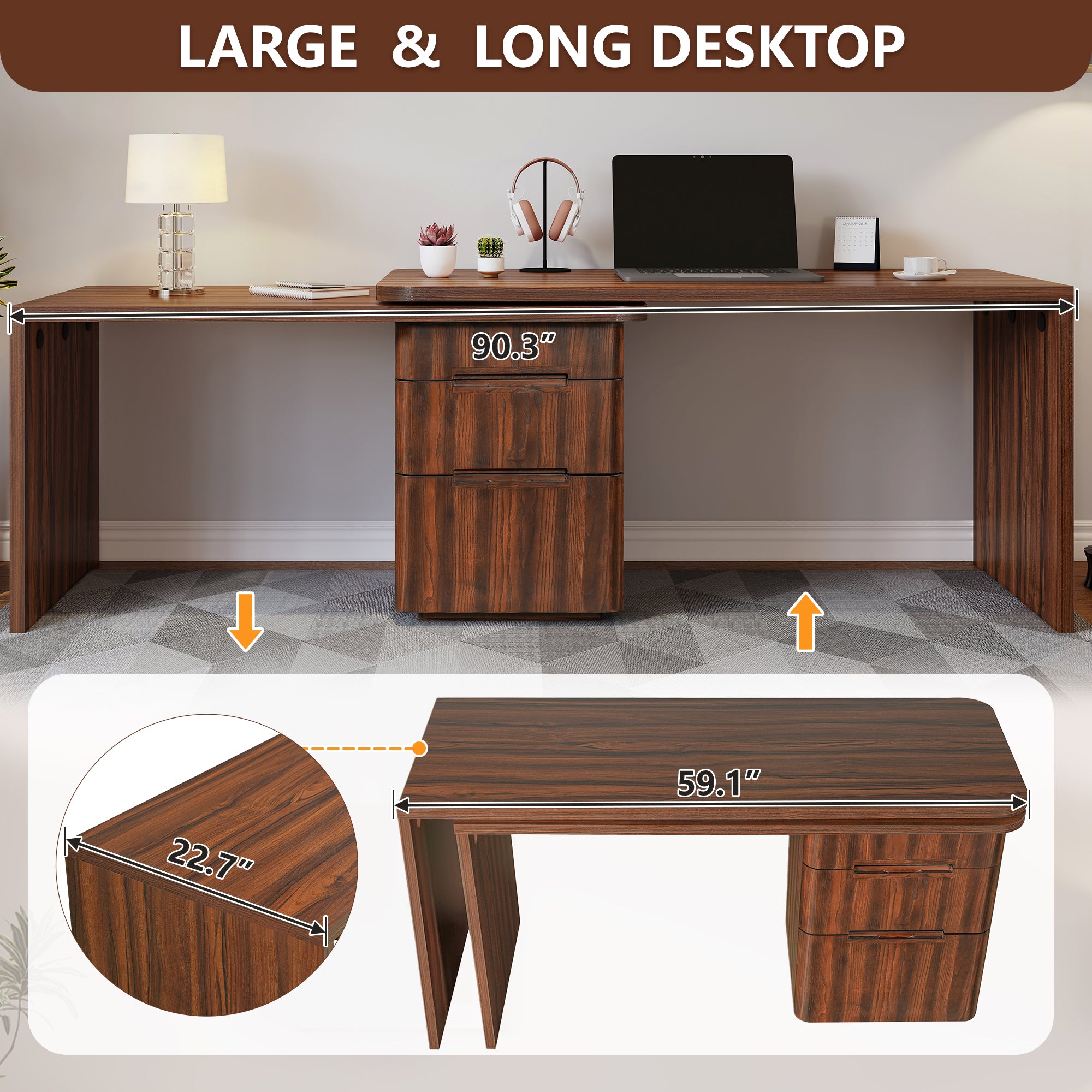 Walnut desk desktop folded overlapping space-saving configuration