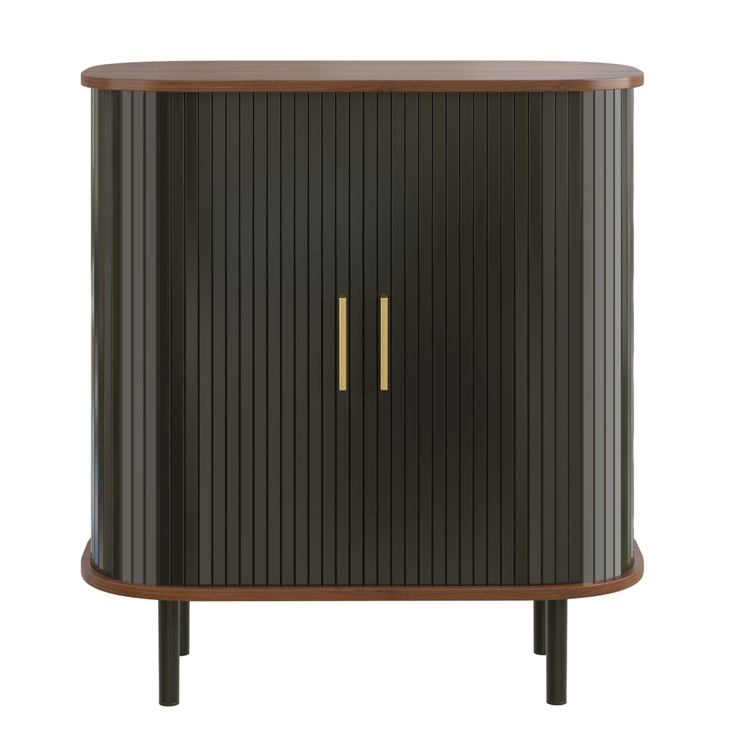 28' Fluted Wine Bar Cabinet with 8-Grid Wine Rack, 5-Level Adjustable Shelves, 2 Glass Holders, Smoothly Sliding Tambour Doors, 4 Hidden Storage Space on the Side, Modern Liquor Coffee Station, Black