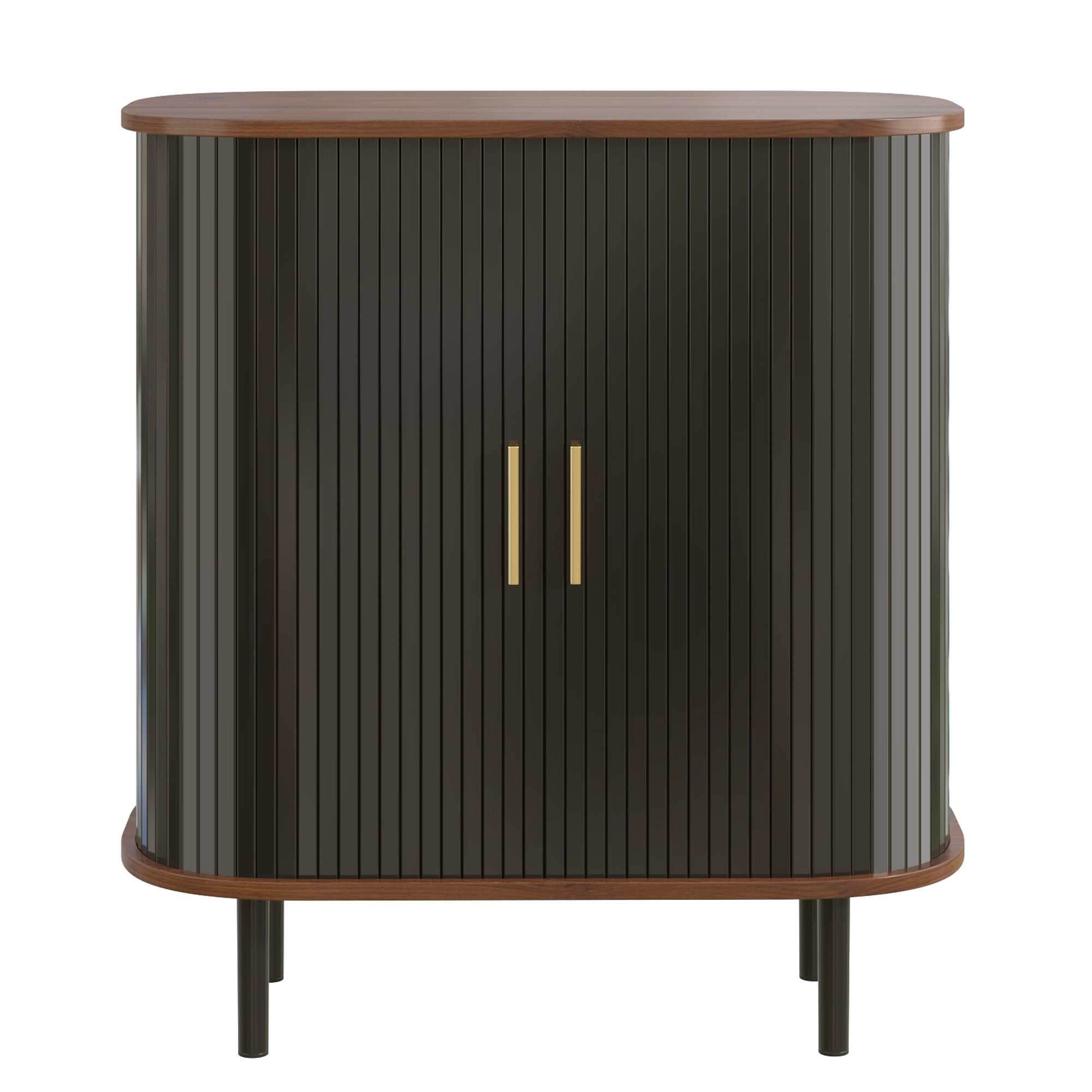 28' Fluted Wine Bar Cabinet with 8-Grid Wine Rack, 5-Level Adjustable Shelves, 2 Glass Holders, Smoothly Sliding Tambour Doors, 4 Hidden Storage Space on the Side, Modern Liquor Coffee Station, Black