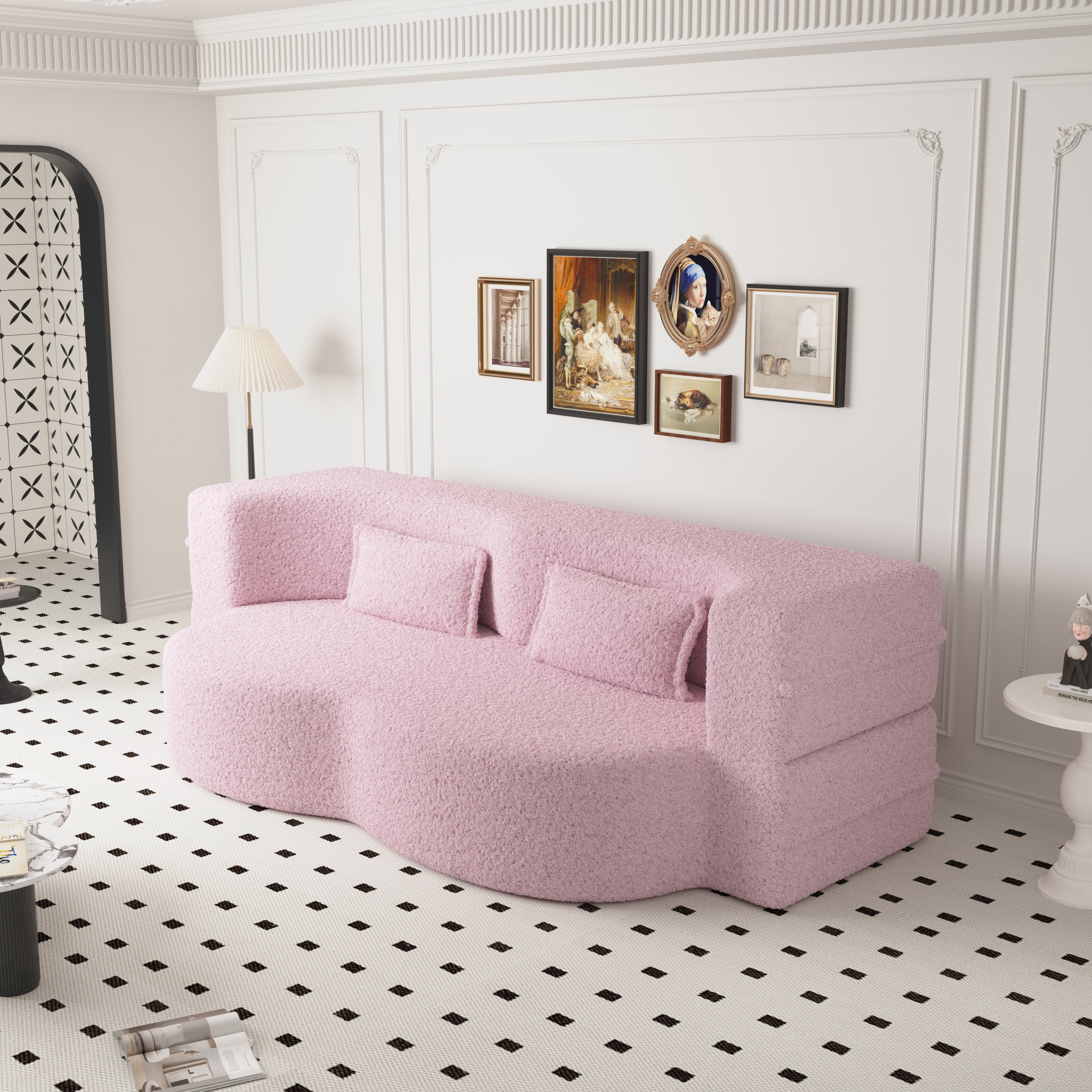 3-in-1 convertible pink floor couch in living room setting