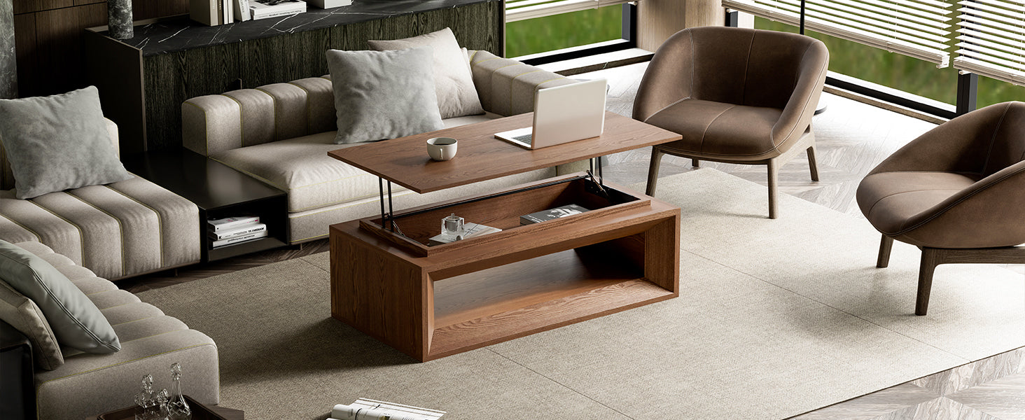 Walnut veneer coffee table lowered position front angle