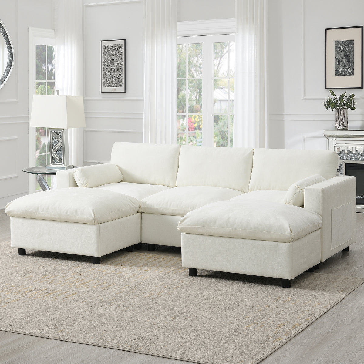 [NEW SKU of N723S8723A]86.5'' U-Shaped Sofa with Storage Pockets, 2 Movable Ottoman, Armrest Pillows, Free Combination, 5-Seat Modern Cloud Sofa for Living Room&Apartment, Chenille, 3 Colors