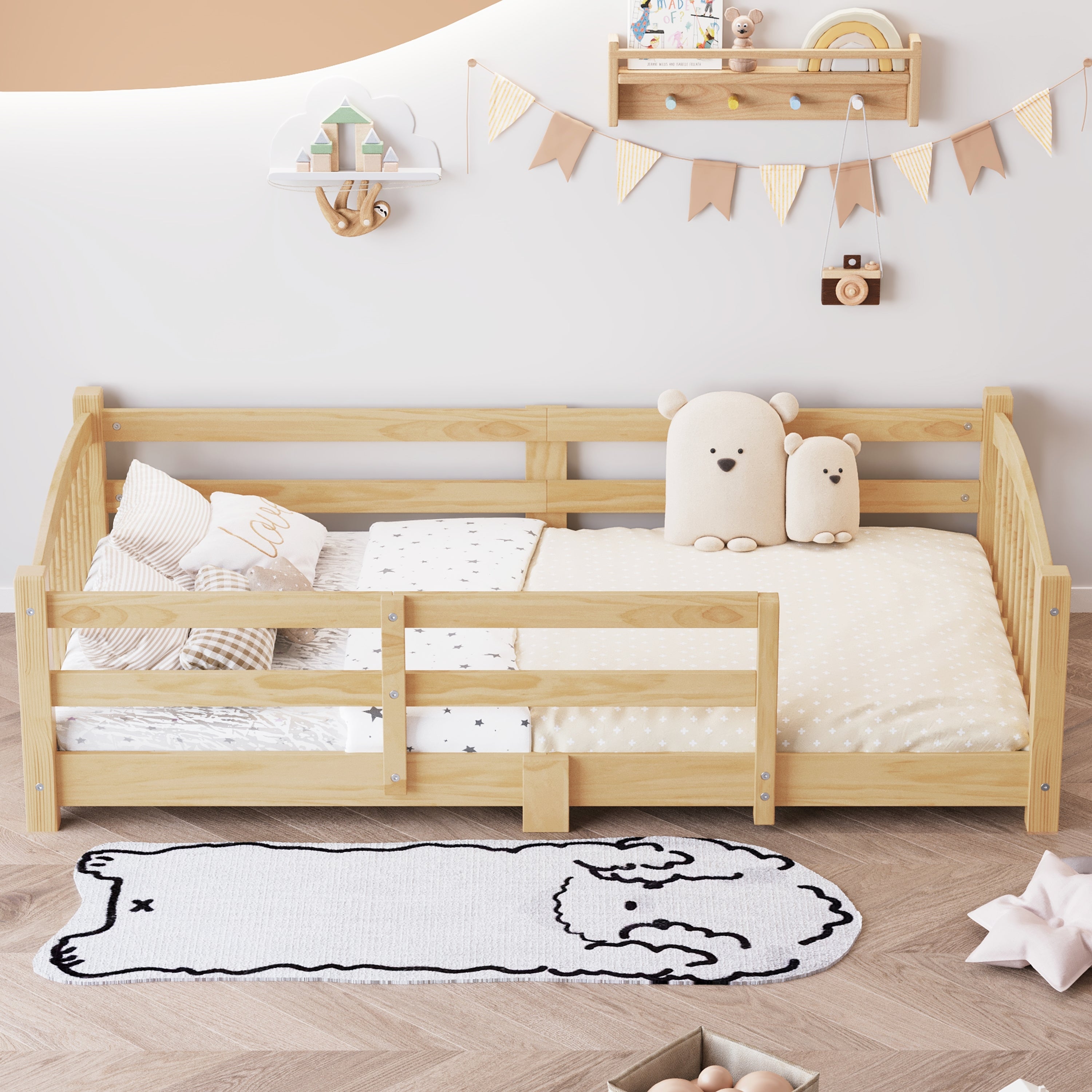 Twin Montessori Floor Bed with Slats and Safety Guardrails, Solid Wood Floor Bed with Fence and Without Door, Easy Assemble Montessori Bed for Girls and Boys, Gray