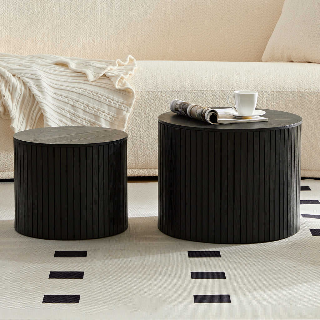 Walnut veneer nesting coffee table set in living room