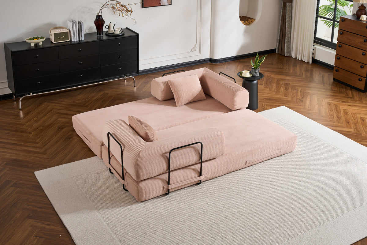 Convertible Sleeper Sofa Bed with Cylindrical Pillow, Corduroy Folding Mattress Couch with Fixed-Shape Frame, Floor Sofa Lounge Couch for Living Room Bedroom Black
