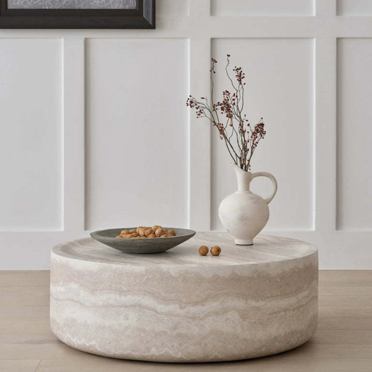 Modern round coffee table marble pattern top — angle view