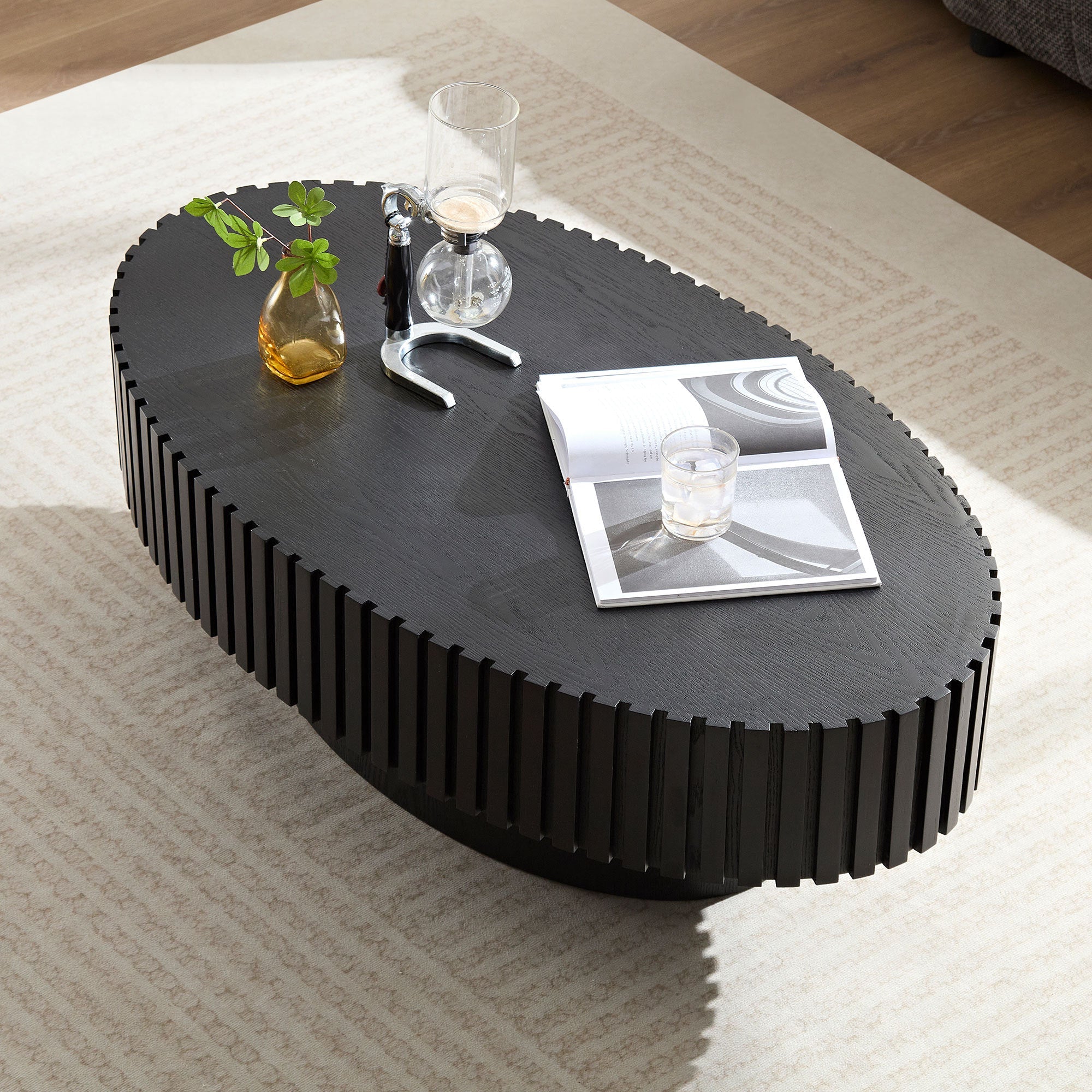 Oval Drum Coffee Table with Pedestal Base — Modern Handcraft Design