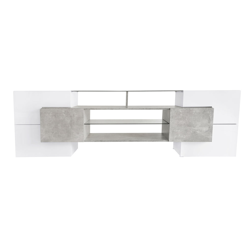 Grey entertainment center with distinctive modern shape