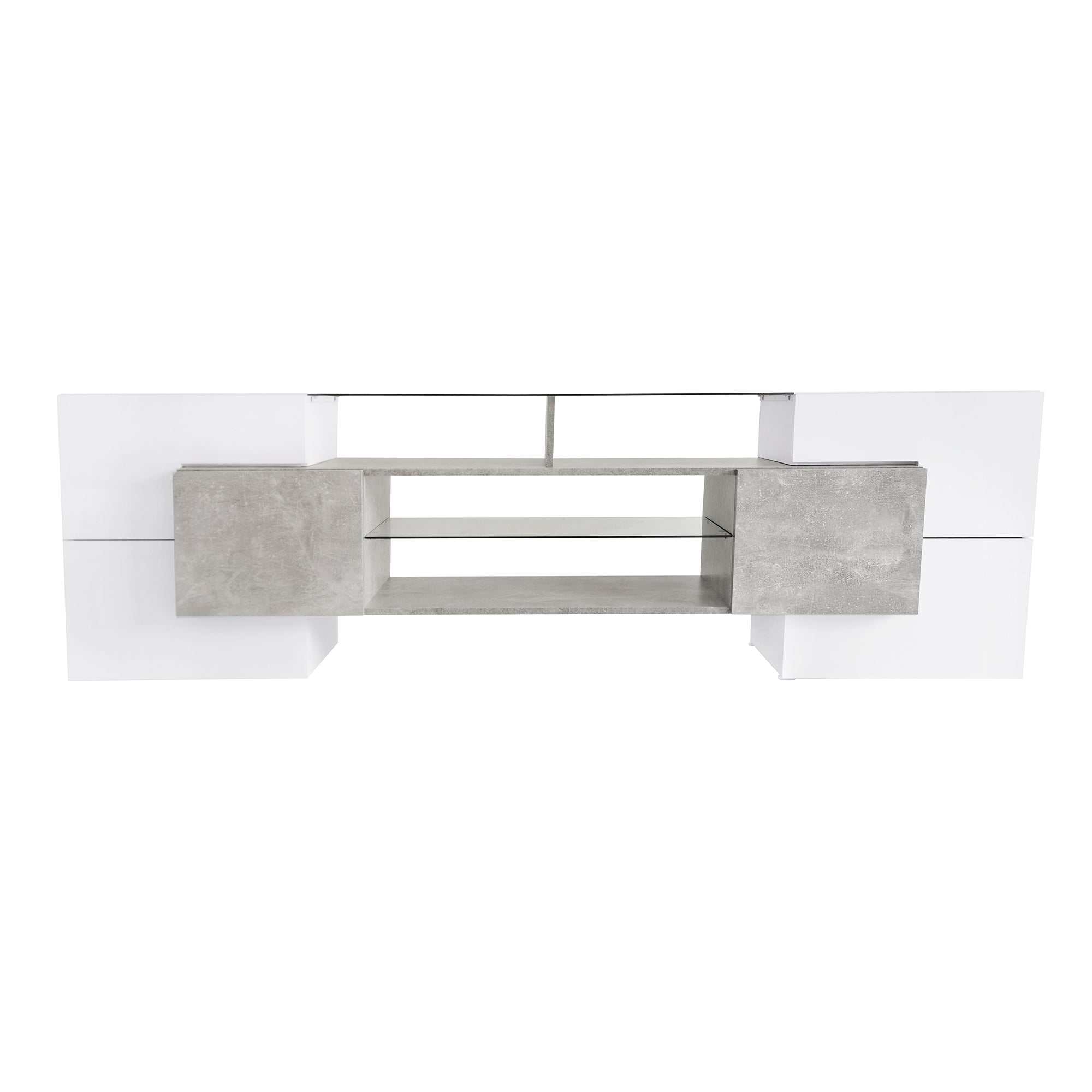 Grey entertainment center with distinctive modern shape