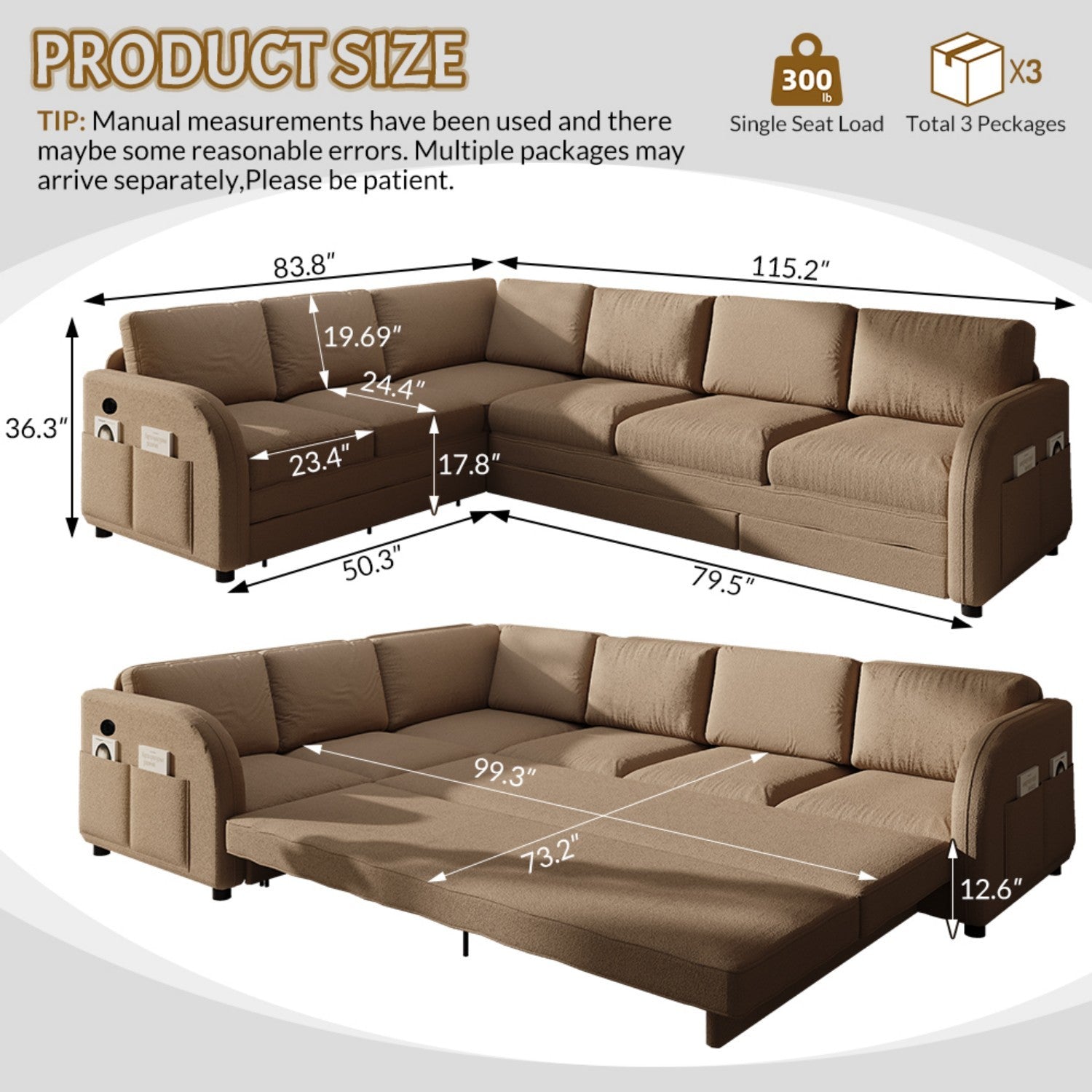 115.2' L-Shaped Sofa Couch with Pull-Out Bed,Oversize Convertible Sleeper Sofa with side Pocket & USB Port,Teddy Upholstered Sectional Couches with Convert Left/Right Facing, Light Grey