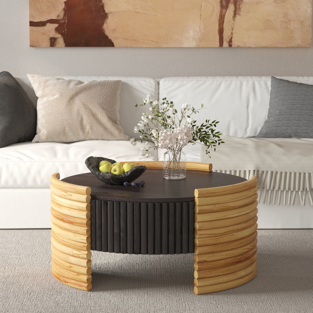 Flip-top coffee table hidden storage interior compartment detail