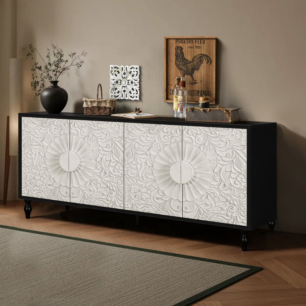 Farmhouse sideboard faceted carved door panels detail