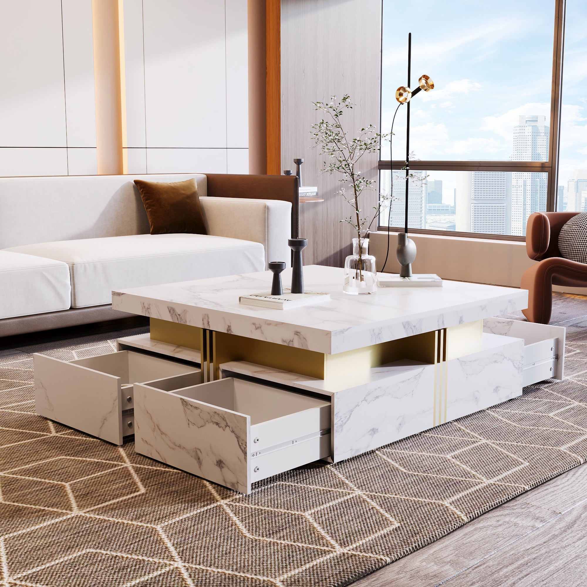Square Storage Coffee Table — 4 Drawers & Gold Accents