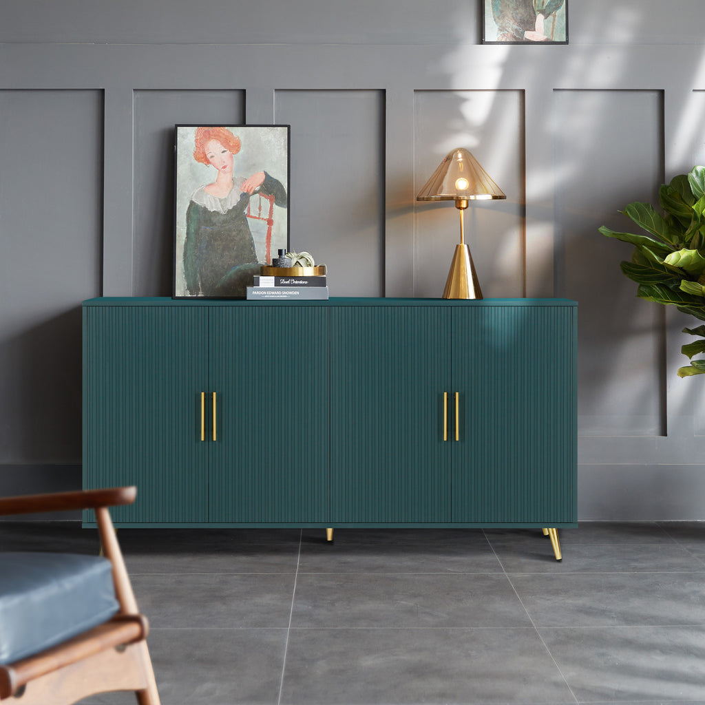 Vintage-style navy blue media console with gold iron legs