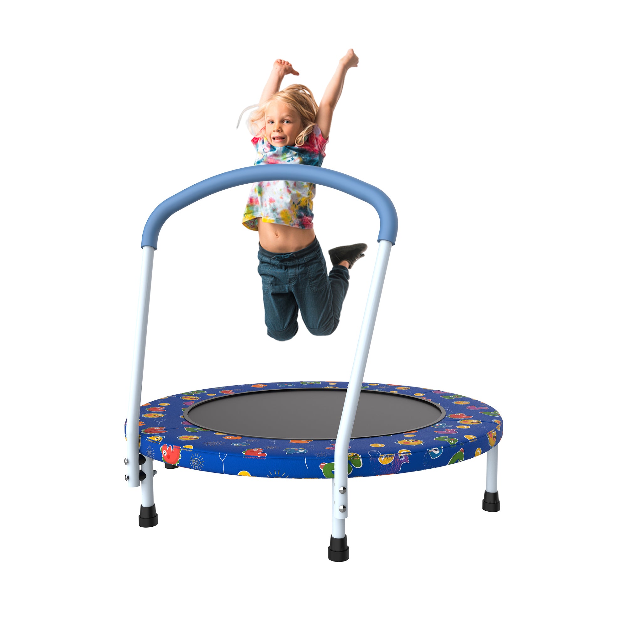 Kids mini trampoline printed blue cover safety design detail
