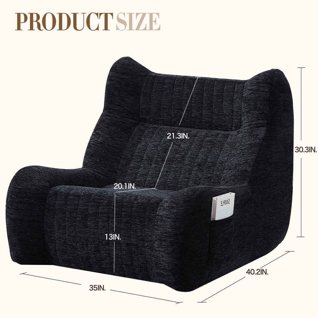 Black chenille bean bag chair side pocket with book storage