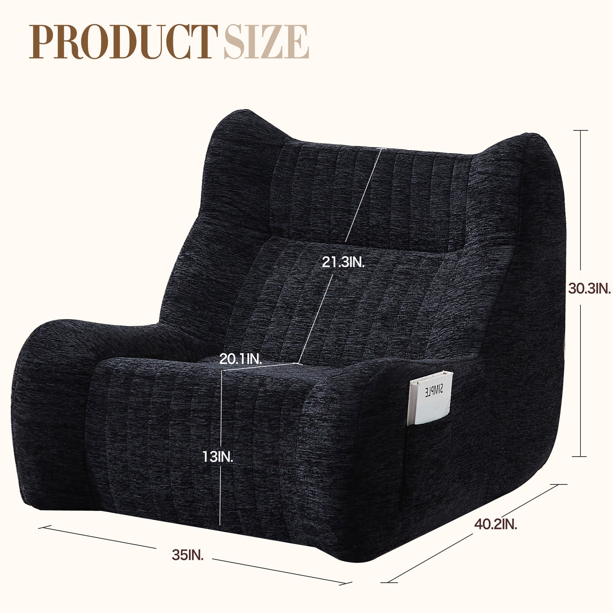 Black chenille bean bag chair side pocket with book storage
