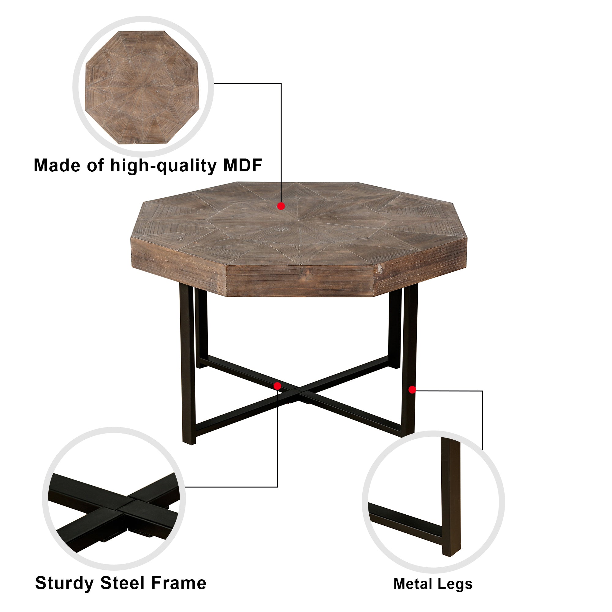 Compact 29-inch octagonal coffee table top-down view