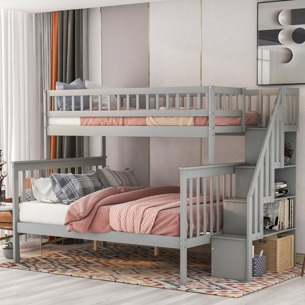 Twin-over-full stairway bunk bed in gray pine wood — angle view