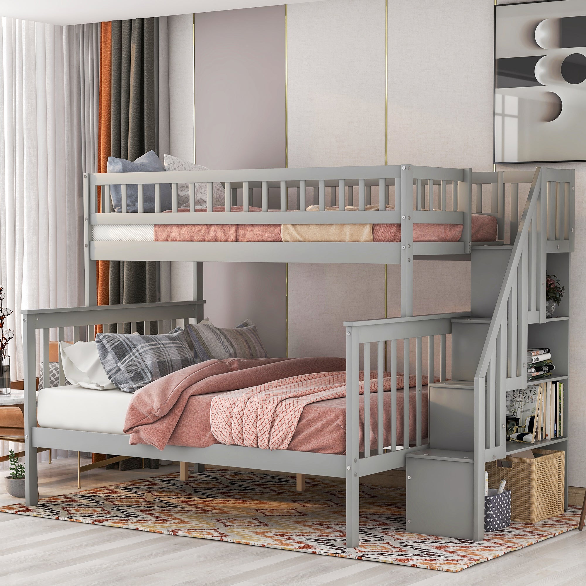 Twin-over-full stairway bunk bed in gray pine wood — angle view