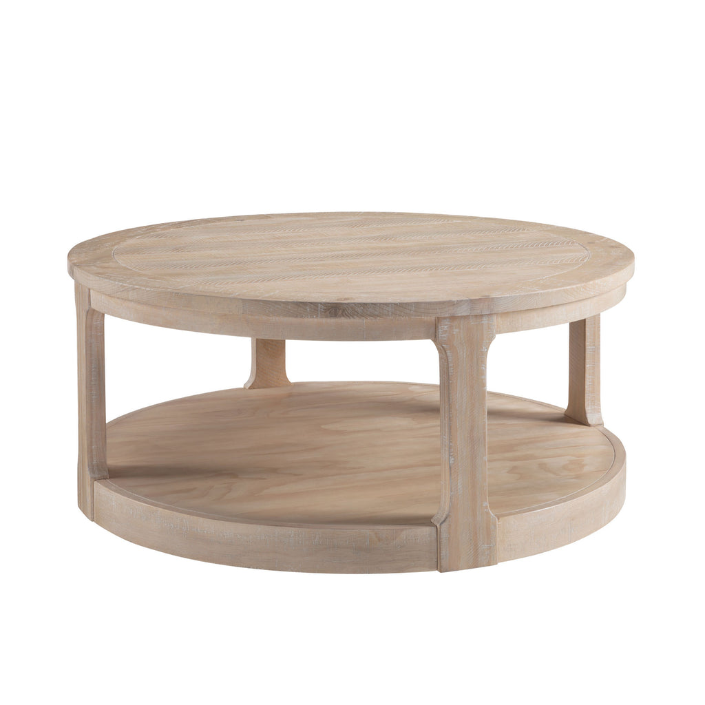 40-inch round coffee table oak vintage finish — angle view