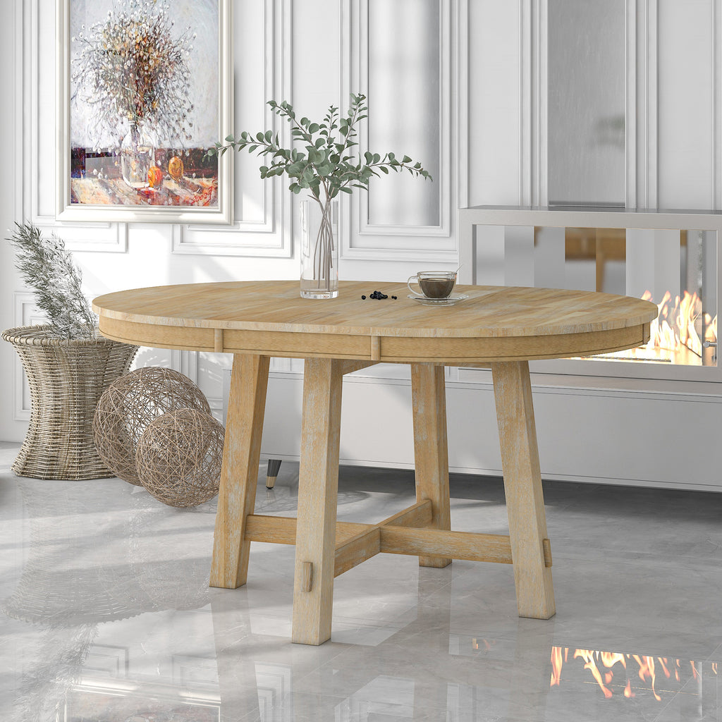 Round dining table oak veneer top natural wood X-shaped base