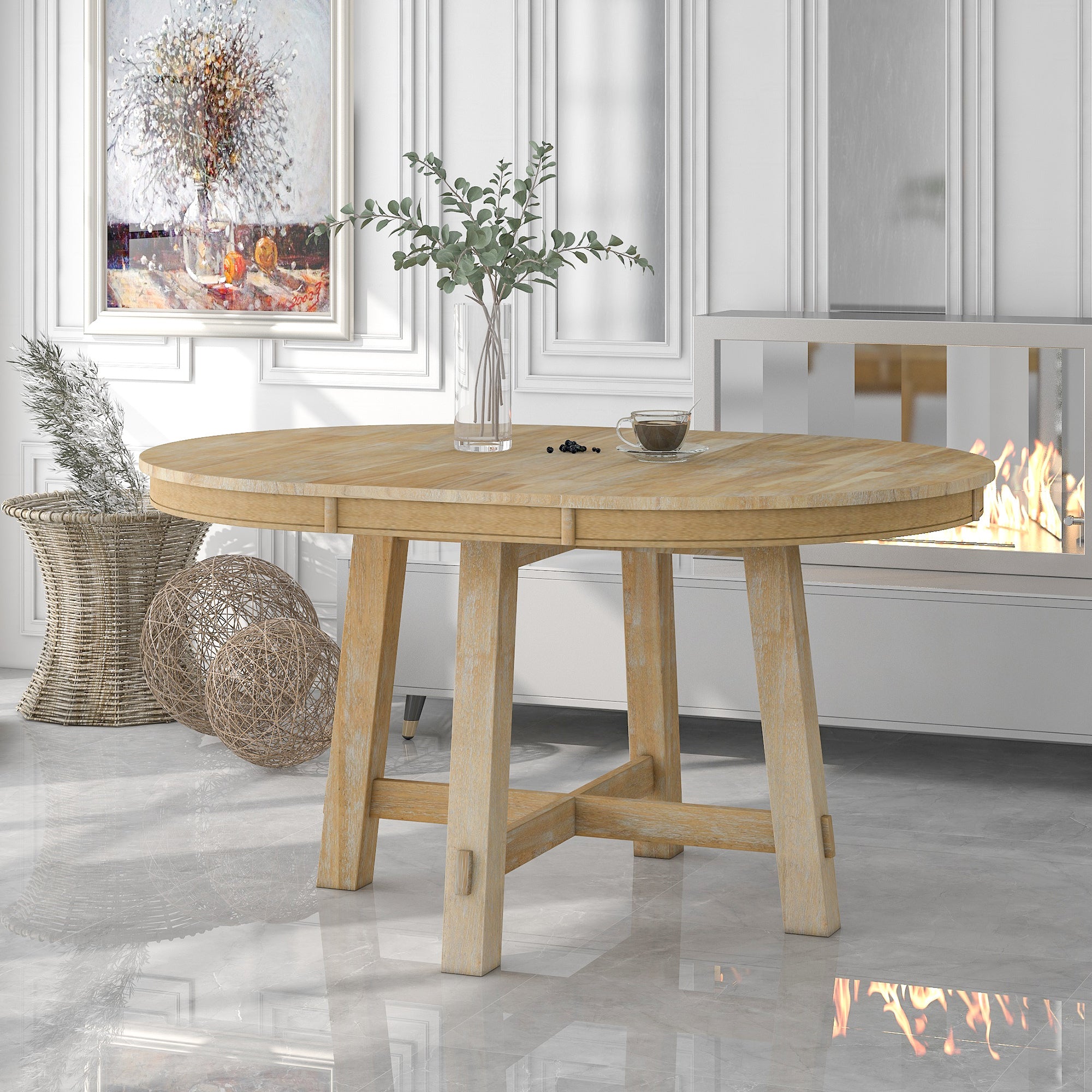 Round dining table oak veneer top natural wood X-shaped base