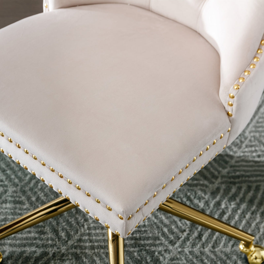 Velvet Office Chair — Button-Tufted with Gold Metal Base & Wheels