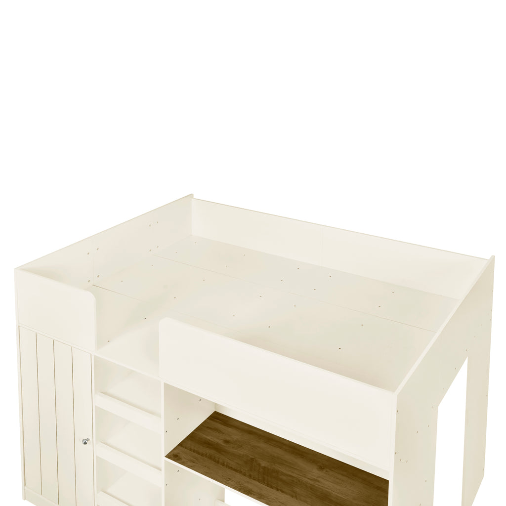 Loft bed storage shelf ladder detail — beige wood