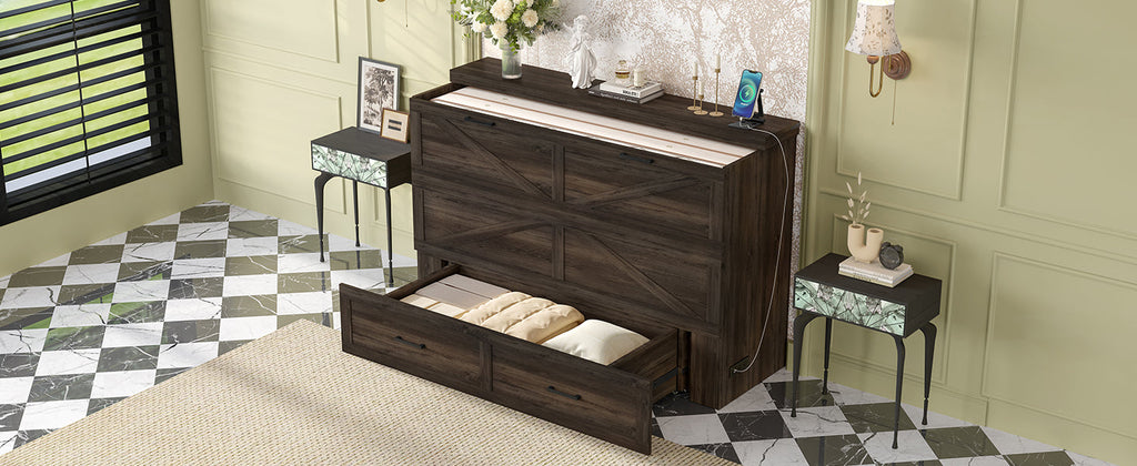 Queen Size Farmhouse Murphy Cabinet Bed with Charging Station, Foldable Platform Bed with Large Storage Drawer for Guest-Room, Small Bedroom, White(Old SKU: N733S237837W)