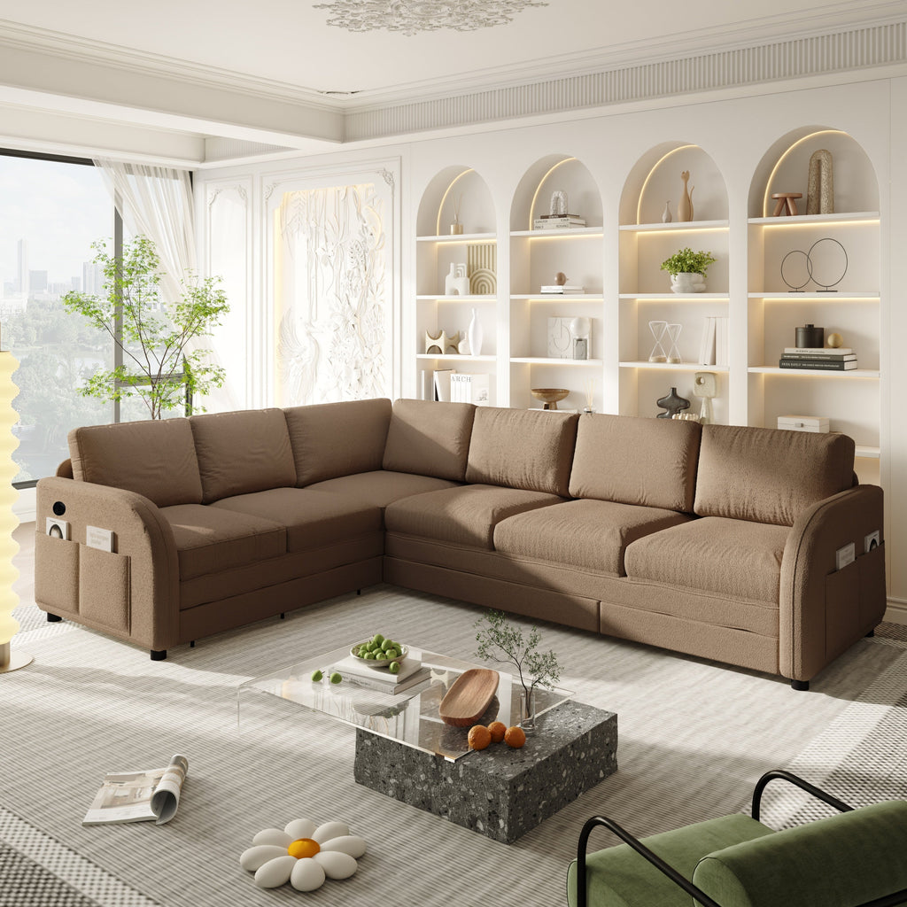 115.2' L-Shaped Sofa Couch with Pull-Out Bed,Oversize Convertible Sleeper Sofa with side Pocket & USB Port,Teddy Upholstered Sectional Couches with Convert Left/Right Facing, Light Grey