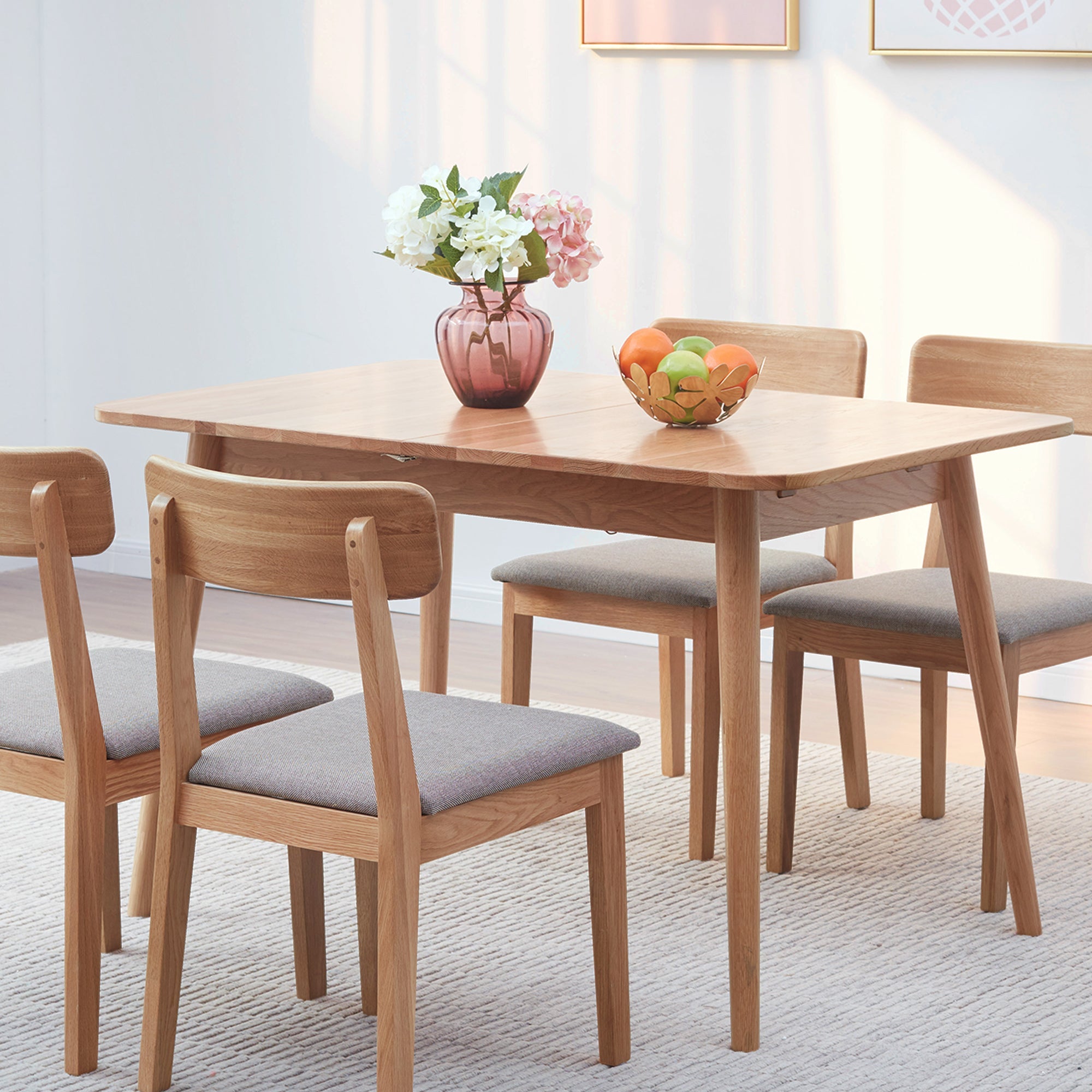 Extendable Solid Oak Dining Table — Round Corners & Diagonal Legs