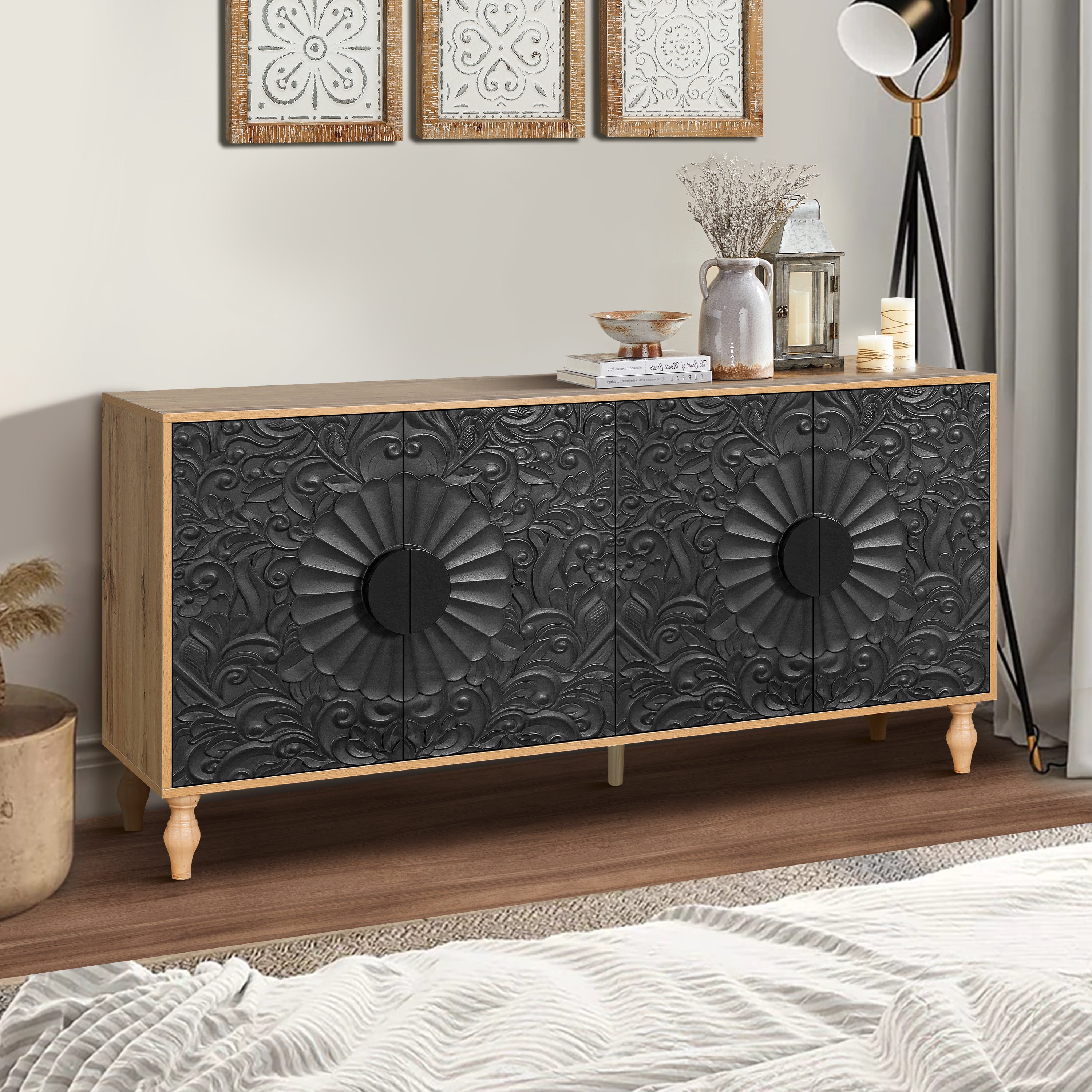 Carved patchwork door TV stand angle view