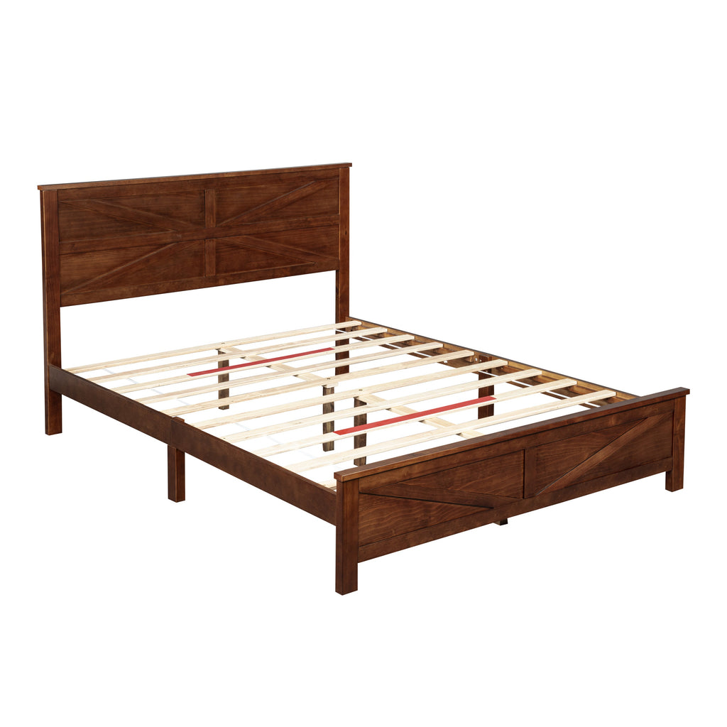 Farmhouse Style Queen Size Bed with Barn Door Designed Headboard and Footboard, Pinewood Bed with Strengthened Bed Frame ,White
