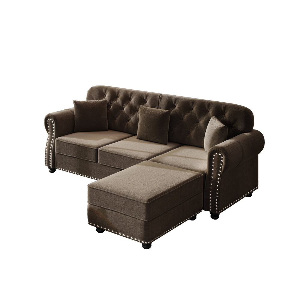 82.6'Upholstered Velvet Sofa with Nailhead Trim and Rolled Armrests,Mid-Century Modern Chesterfield Sofa with Button Tufted,Includes 3 Pillows,Burgundy