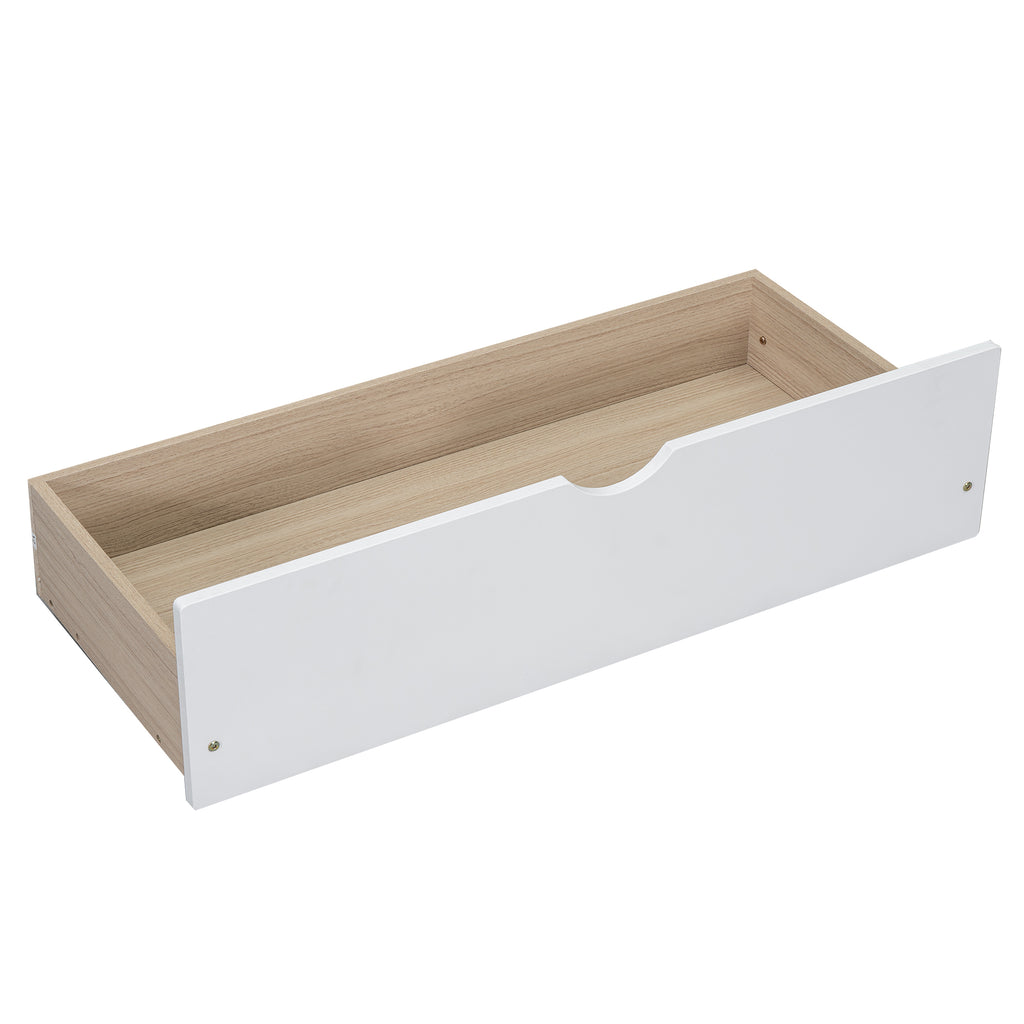 Bunk bed storage drawer detail — white wood finish