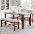 4-Piece Dining Set, 1 Marble-Look Table with 2 Upholstered Chairs and 1 Bench with Solid Rubber Wood Legs, Padded Seat, Curved Backrest, Space-Saving, Dining Room, Beige