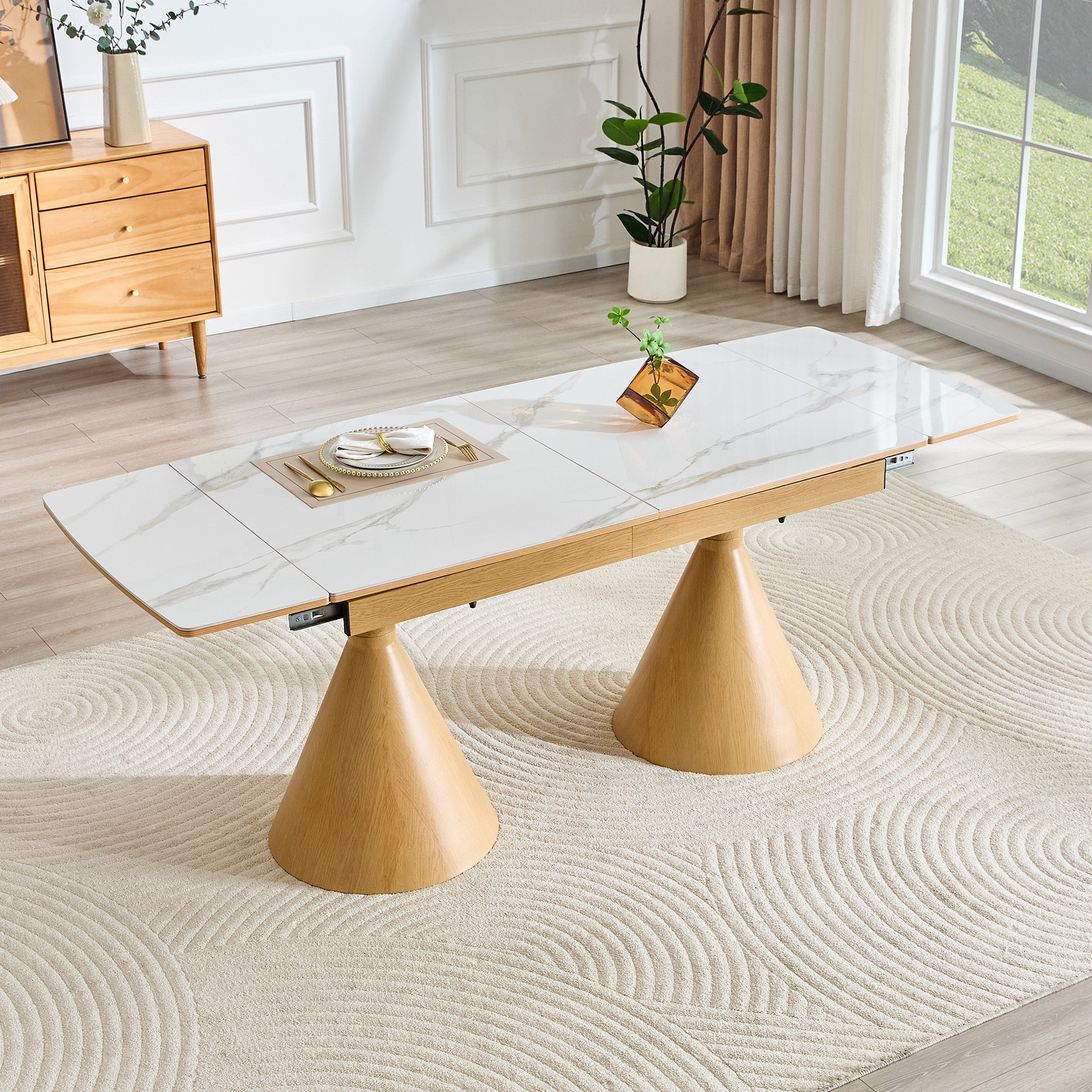 Extendable Stone-Top Dining Table: White marble-patterned tabletop with wood-colored tapered metal legs. A modern, luxury-inspired rectangular dining table for home use, suitable for 4–8 people.