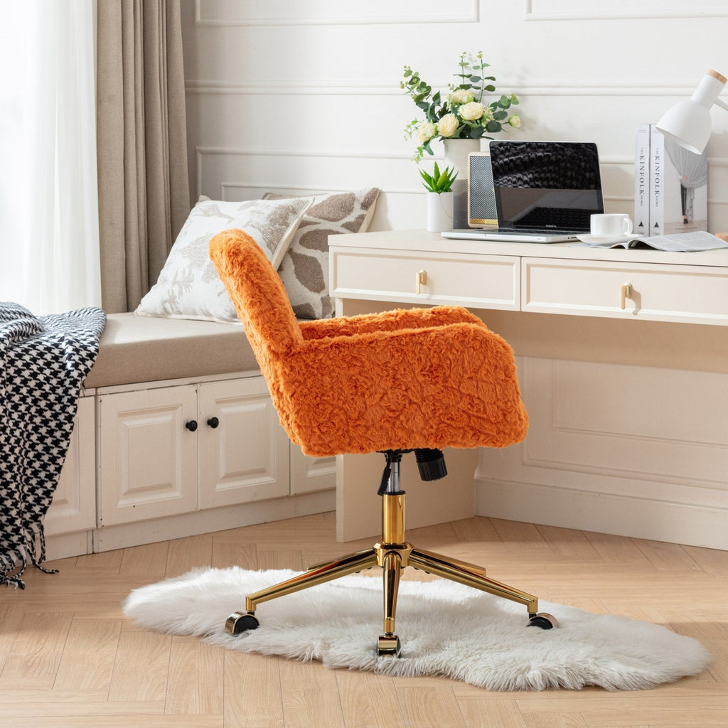 Faux Fur Office Chair — 40° Reclining with Gold Metal Base & Wheels