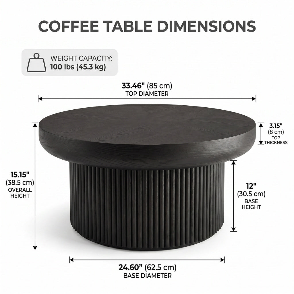33.5'' Round Fluted Coffee Table with Real Wood Parquet Pattern Top & Cylindrical Base, Thickened Tabletop, Mid-Century Modern Circle Cocktail Table for Living Room, Small Space, Walnut